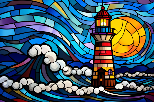 Stained Glass Lighthouse And Waves