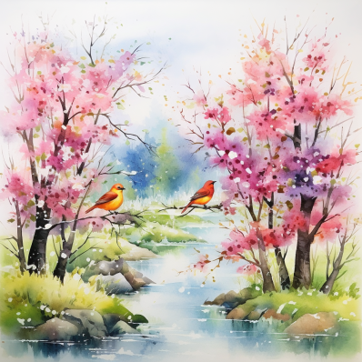 Watercolor Stream And Birds