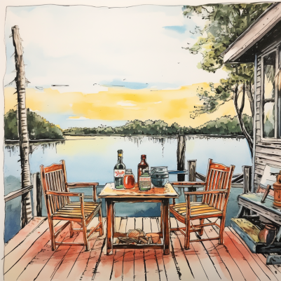 Vintage Lakeside Dining Watercolor