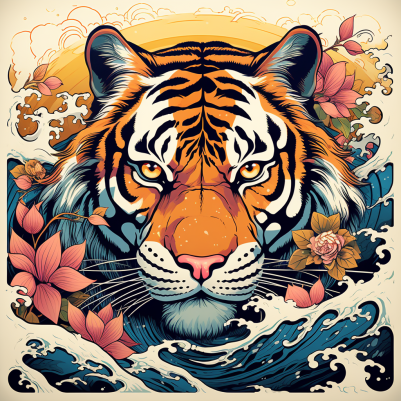 Tiger Waves And Flowers