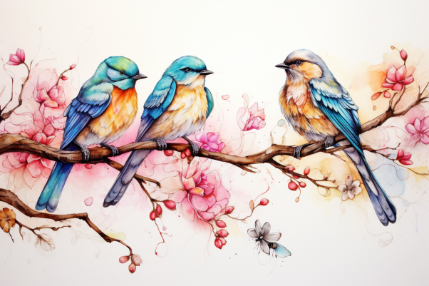 Watercolor Birds On A Cherry Blossom Branch