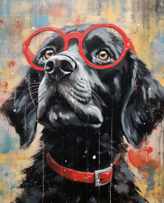 Black Dog In Red Glasses And Red Collar