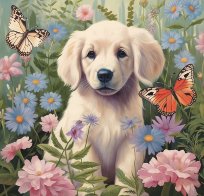 White Retriever Puppy And Butterflies