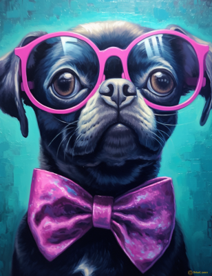 Huge Purple Glasses And Bow Tie On A Black Dog