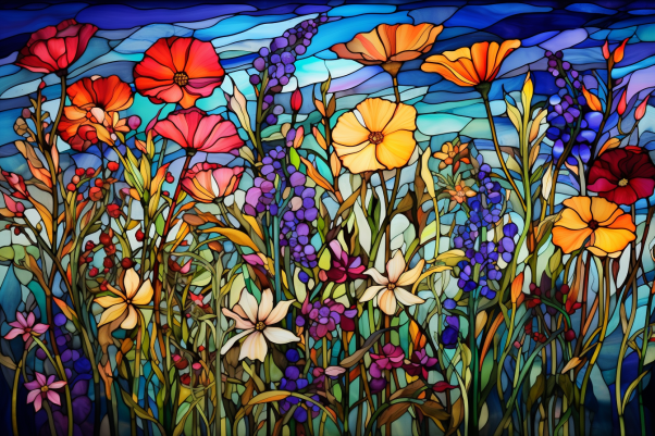 Tall Wildflowers On Stained Glass  Diamond Painting Kits