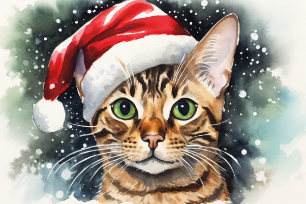 Christmas Bengal Cat In Santa Hat