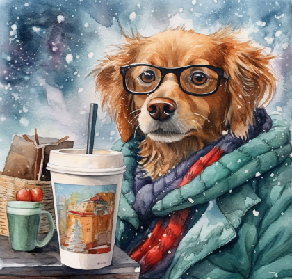 Dog In Glasses Taking A Lunch Break In The Snow