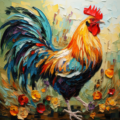 Rooster Walking Among Flowers