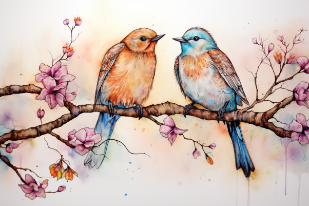 Watercolor Birds On A Branch