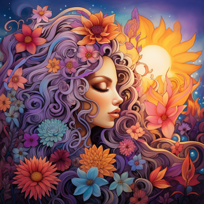 Girl With Purple Hair Amongst Flowers And Sunset