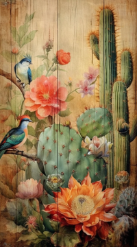 Thumbnail for Colorful Cacti And Birds Painted On Wood