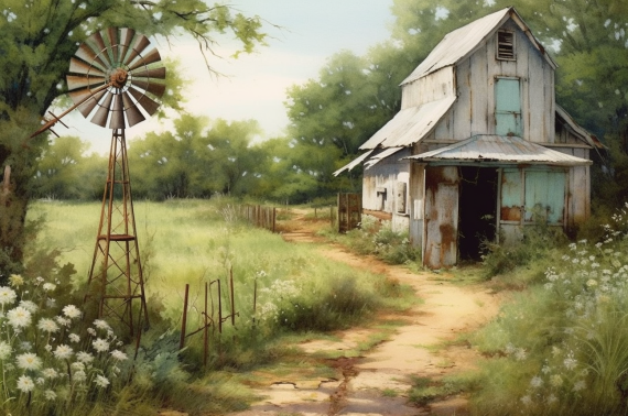 Old Country Windmill And Barn