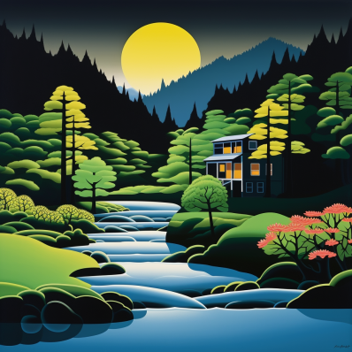 Full Moon Rising Over Cabin And Stream