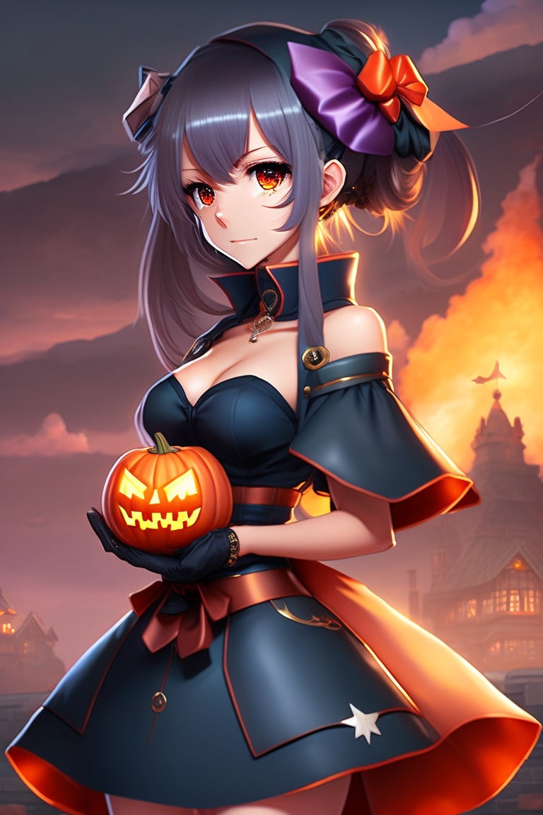 Anime Girl Holding A Jack-o-lantern On Halloween