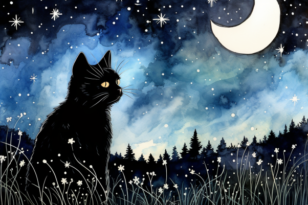 Sad Black Cat Starry Night  Diamond Painting Kits