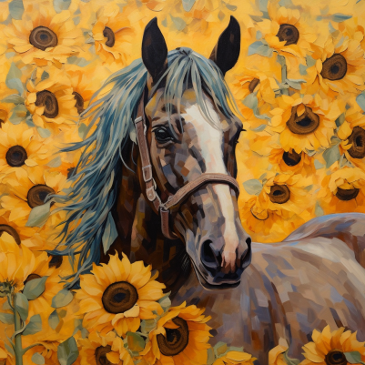 Brown Horse And Sunflowers