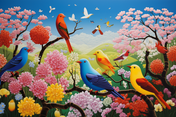 Playful Spring Birds On Branches  Diamond Painting Kits