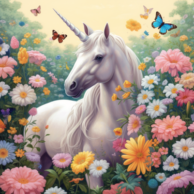 Dreamy White Unicorn And Flowers