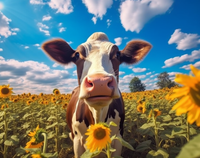 Thumbnail for Blue Sky, Field Of Sunflowers And Sweet Brown Cow