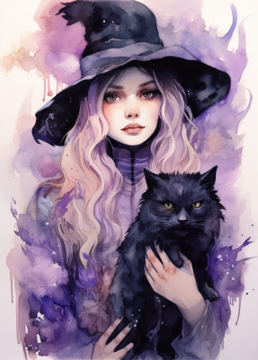 Young Witch And Cat