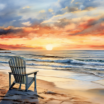 Watercolor Beach Chair At Sunset  Diamond Painting Kits