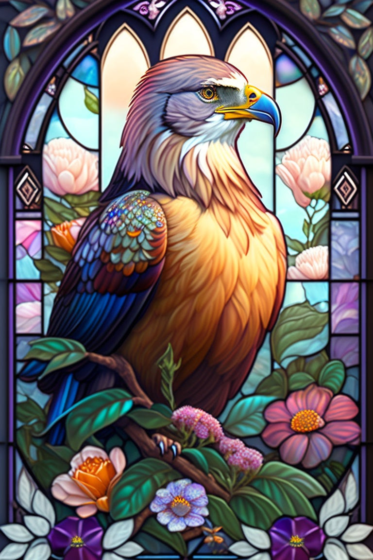 Blue Beaked Bird On Stained Glass