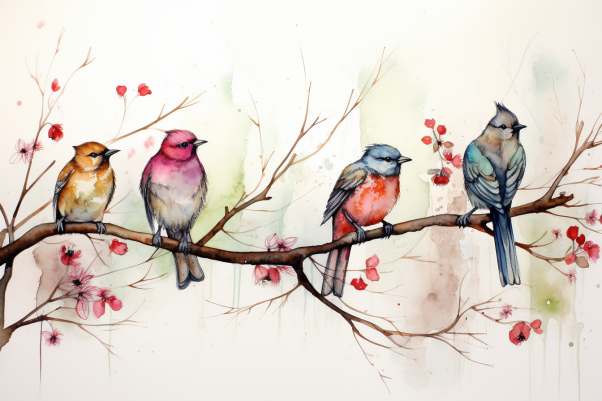 Four Watercolor Birds On A Branch