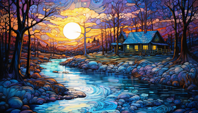 Sun Setting And Cozy Cabin   Diamond Painting Kits