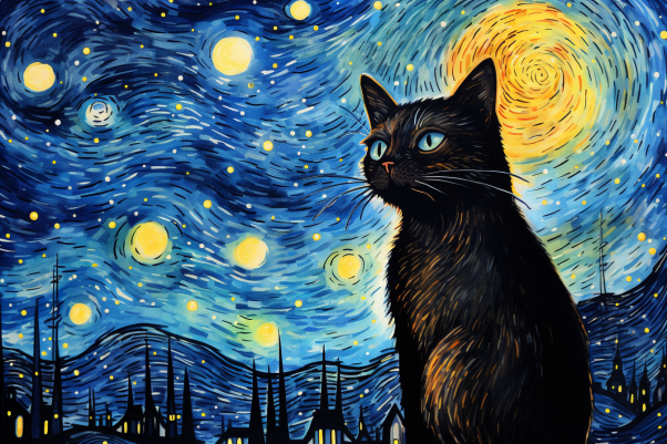 Starry Night And Sweet Black Cat  Diamond Painting Kits