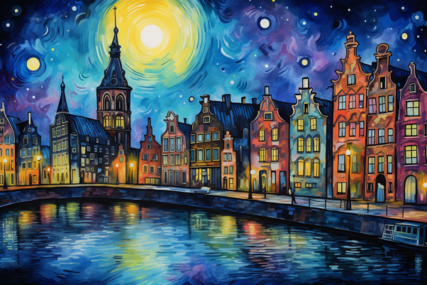 Watercolor Starry Night In Amsterdam