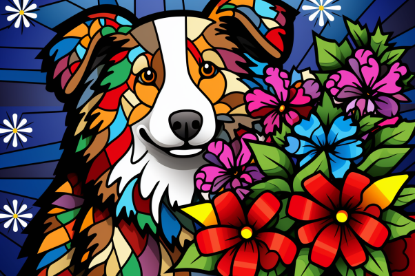 Bold Colorful Australian Sheperd And Flowers  Diamond Painting Kits