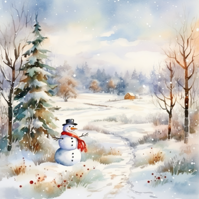Watercolor Snowman In The Snow