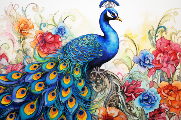 Watercolor Peacock And Roses  Diamond Painting Kits