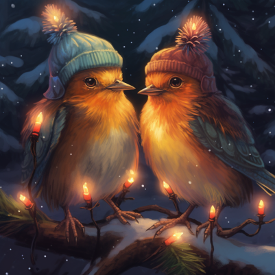 Two Cute Christmas Birds On A Branch
