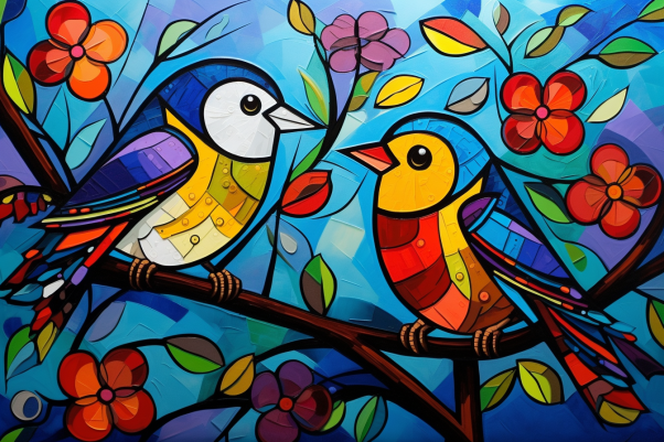 Two Sweet Colorful Birds On A Branch