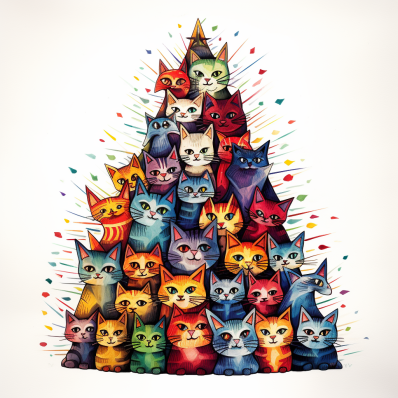 Watercolor Multicolor Cat Christmas Tree