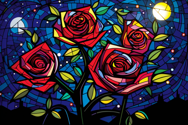 Starry Night Roses On Stained Glass  Diamond Painting Kits