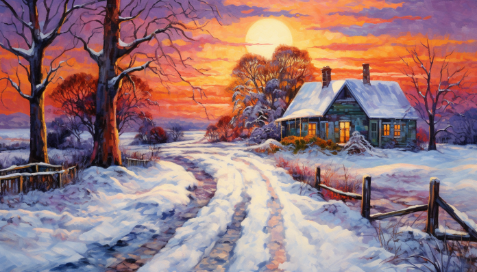 Beautiful Winter Farmhouse At Sunset  Diamond Painting Kits