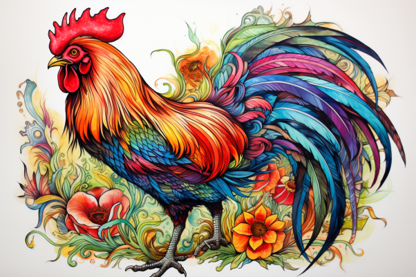 Watercolor Rooster And Flowers