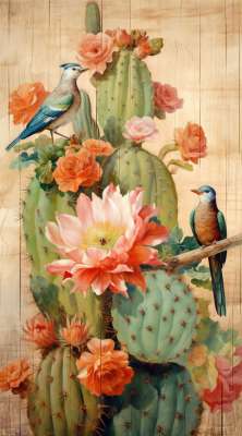 Cpainting On Wood Of Birds And Cacti