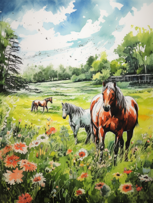 Horses In Peaceful Meadow  Diamond Painting Kits