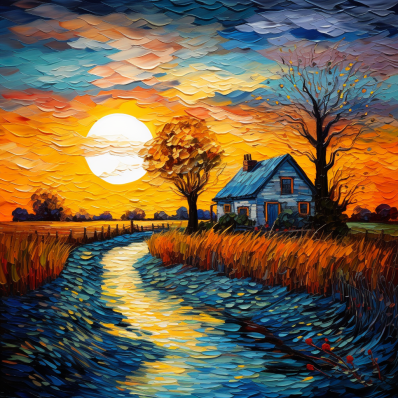 Golden Sunset And Sweet Little Farmhouse