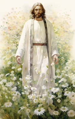 Heavenly Light Shining On Jesus Standing In A Field Of White Flowers