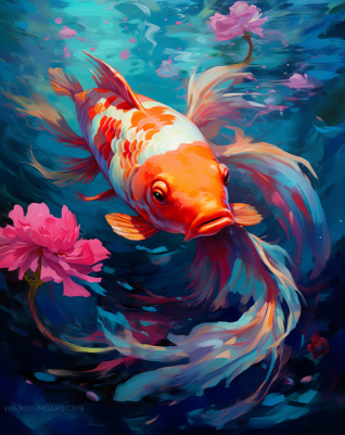 Koi Fish In A Deep Blue Pond