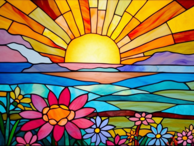Field of Flowers, the Sea and Sun on Stained Glass