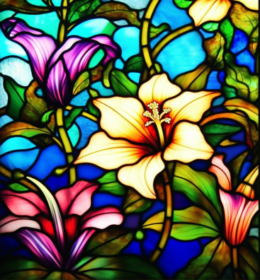 Multi Colored Lilies On Stained Glass