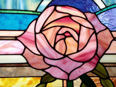 Pink Rose on Stained Glass With Blue And Yellow