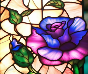 Stained Glass Blueish Purple Rose With Rosebud