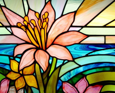 Stained Glass With Pink Lily With Sea