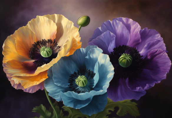 Yellow, Blue and Purple Poppies